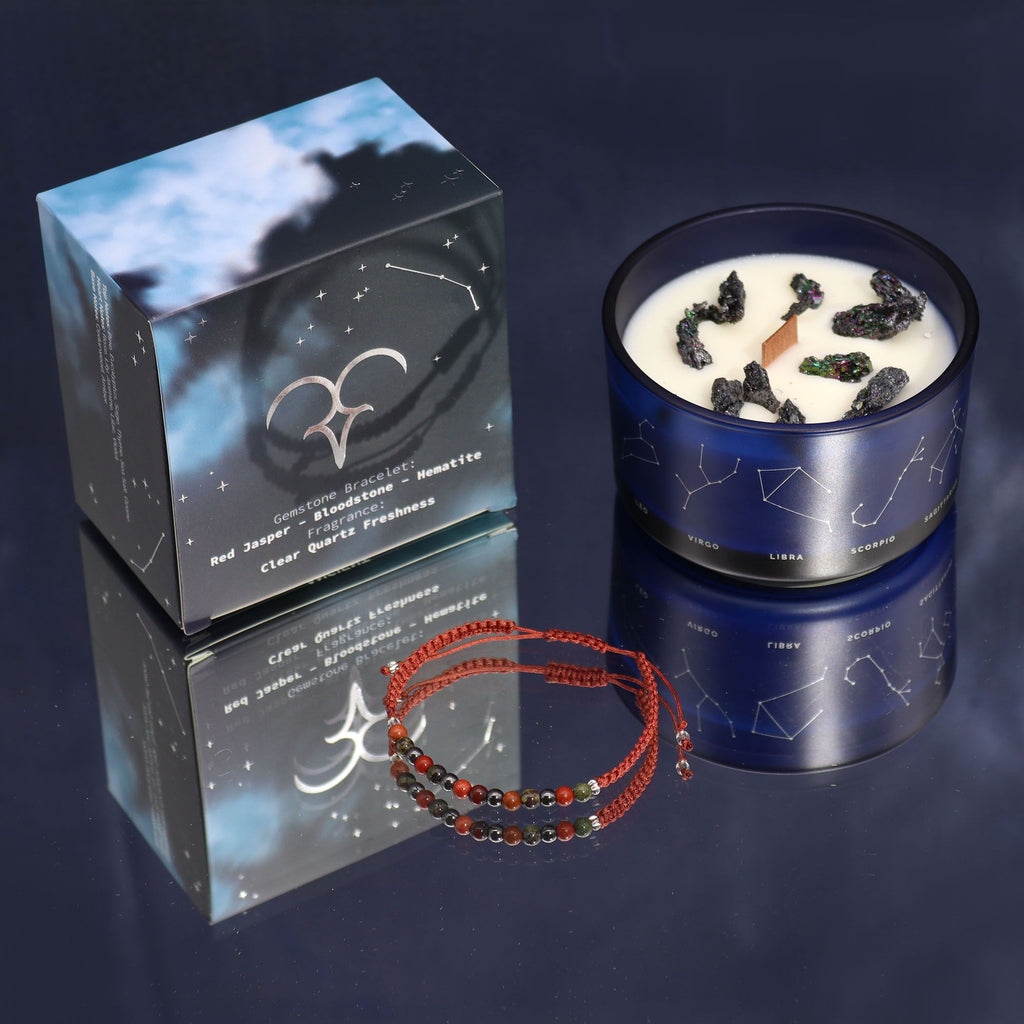 Vela de Cristal del Zodiaco con Pulsera de Piedras Preciosas - Aries