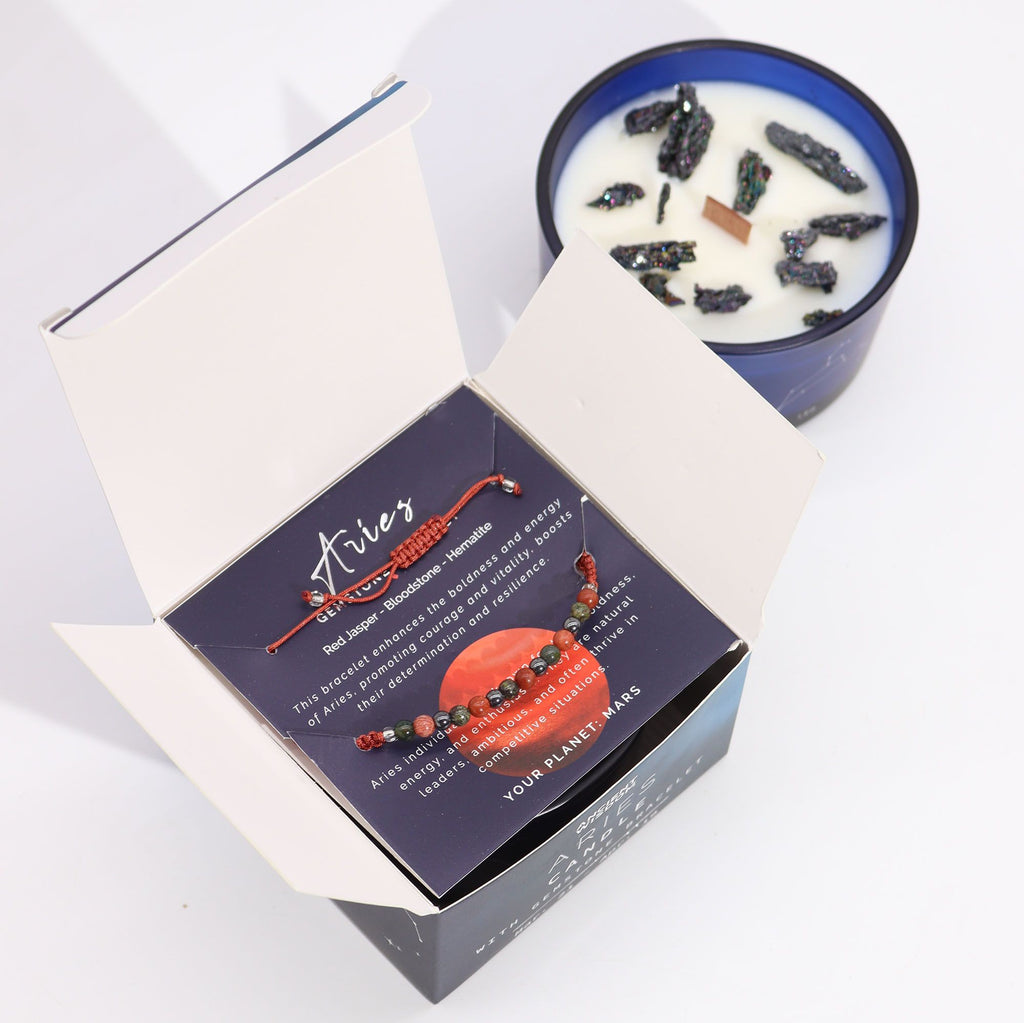 Vela de Cristal del Zodiaco con Pulsera de Piedras Preciosas - Aries