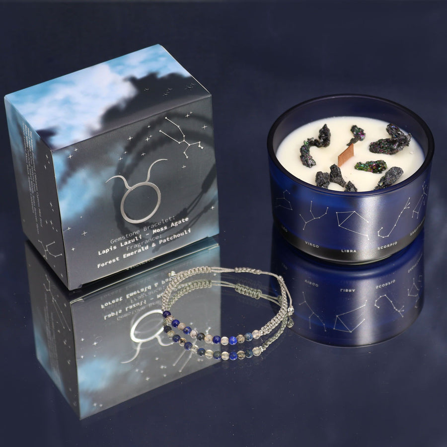 Vela de Cristal del Zodiaco con Pulsera de Piedras Preciosas - Tauro