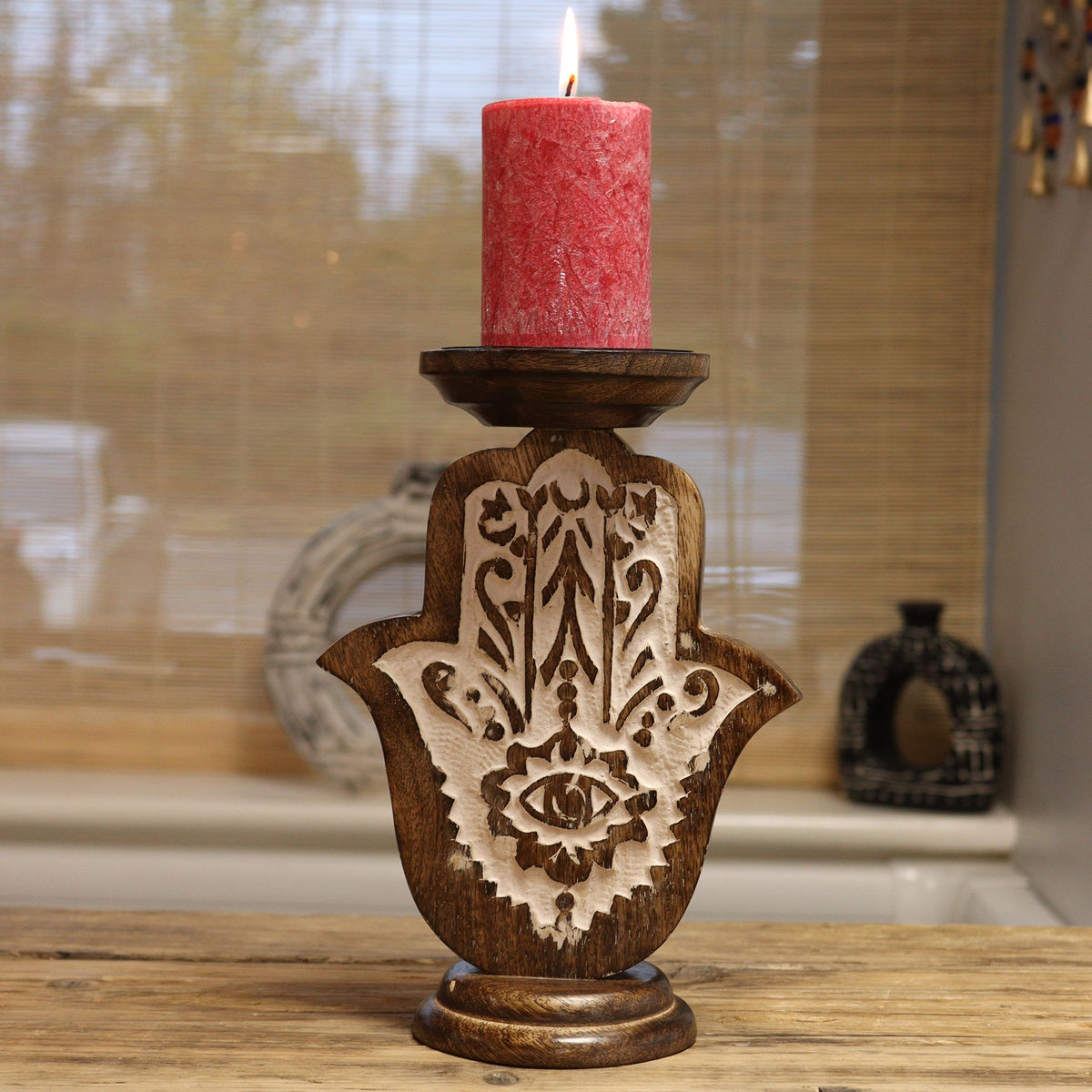 Candelabro de Madera de Mango - Hamsa - Grande 25x18cm